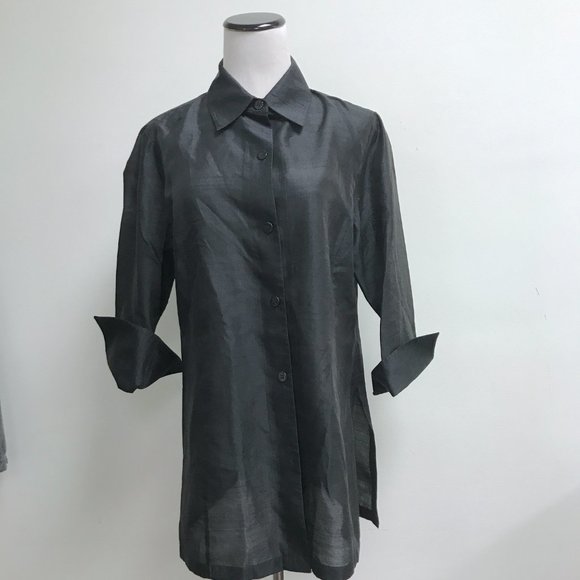 Linda Allard Ellen Tracy black silk tunic button up shirt top 8 - Picture 1 of 6